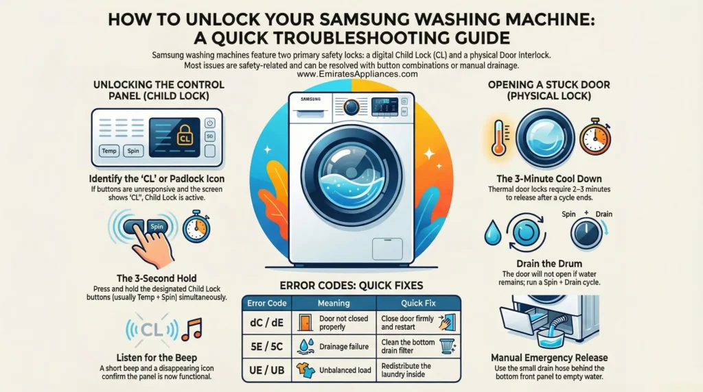 Samsung washing machine door unlock safety tips infographic